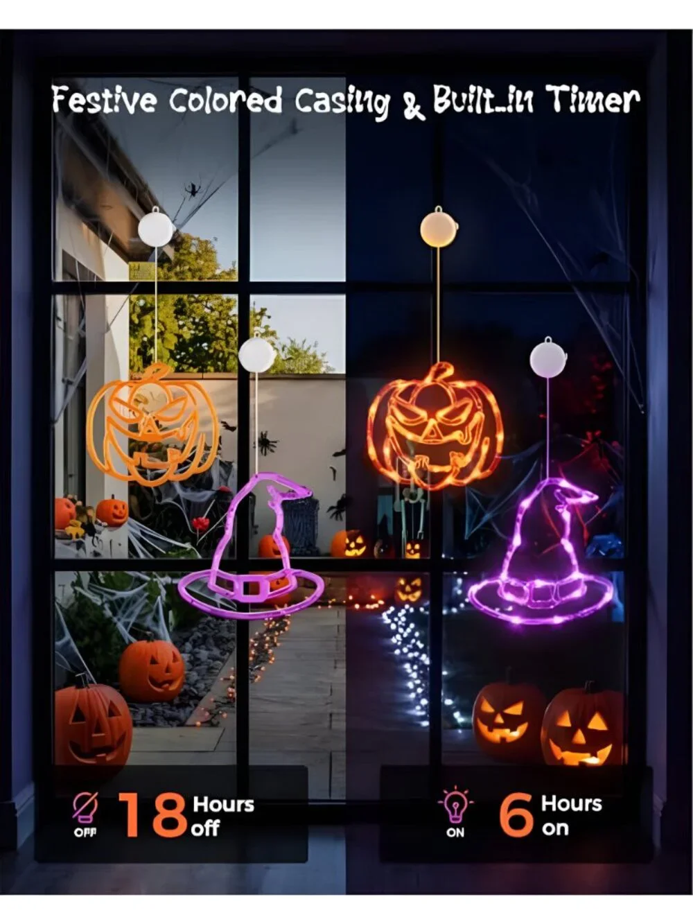 3 Pack Halloween Windows Lights - Pumpkin, Ghost, Hat with Timer